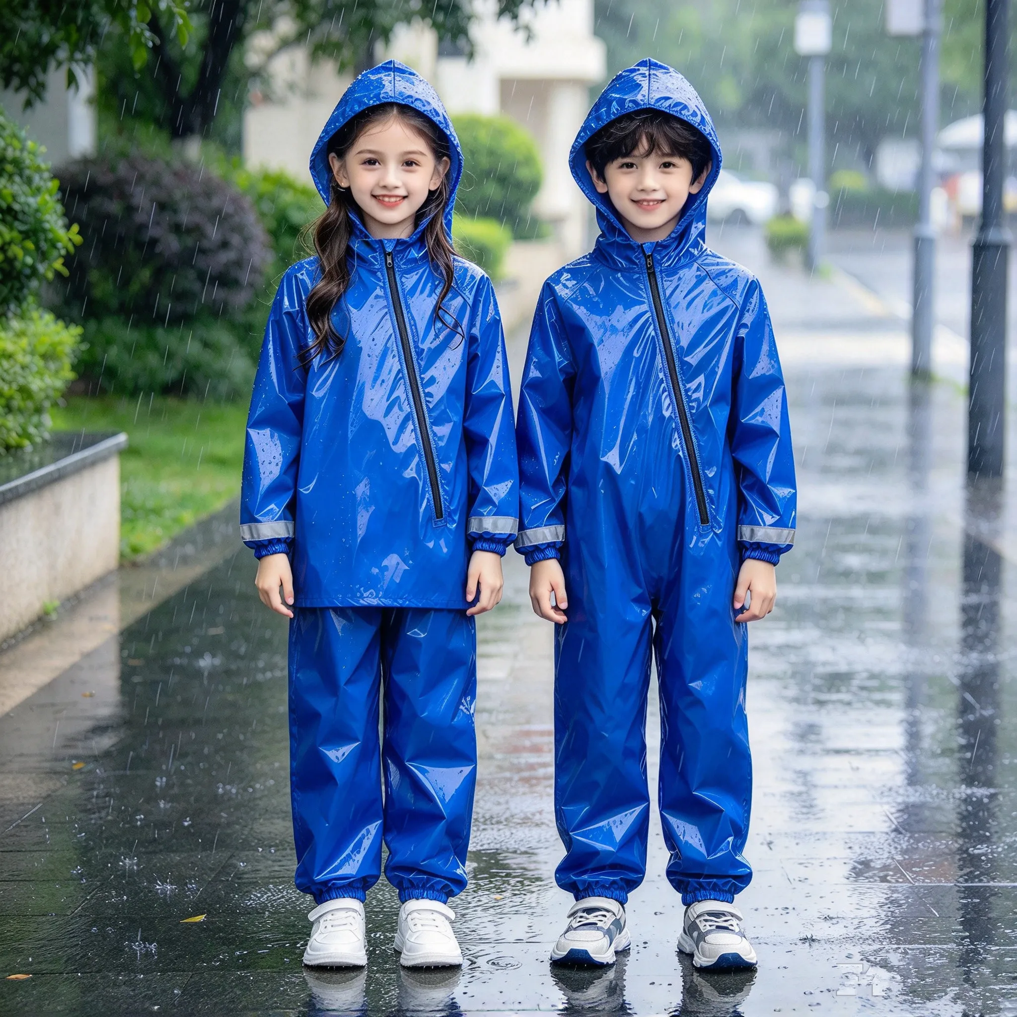Kids One Piece Waterproof Rain Suit Hooded Children Jumpsuit Raincoat with Storage Bag Boys Girls Hooded Coverall Rain Gear