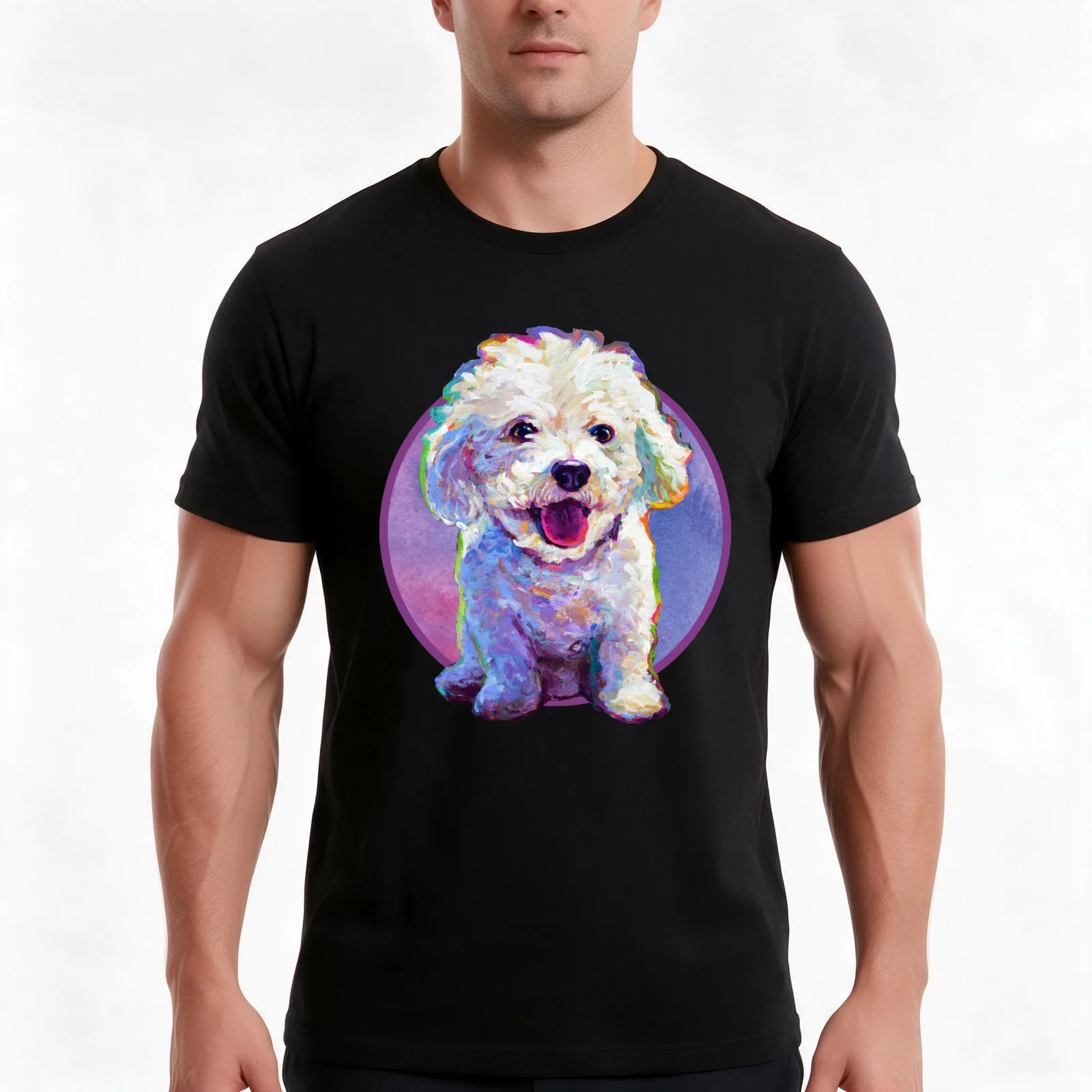 Cute Bichon Frise Pattern on Pink by Robert Phelps T-Shirt, Summer Casual Cotton Tee, Oversized Streetwear Tops, 100% Cotton