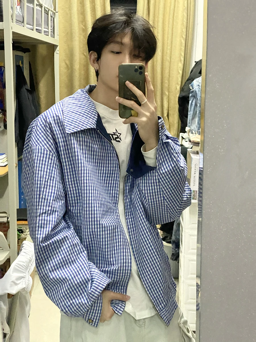 

Double-Sided Wear Plaid ort Coat Men's Spring Autumn American Retro Flip-Collar Baseball Jersey Cleanfit Outerwear Jaet