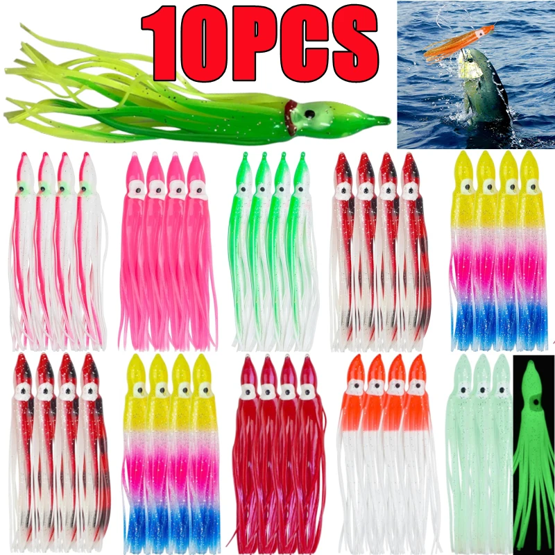 1-10 pçs polvo macio isca de pesca para gabaritos saias de lula de borracha luminosa artificial atum veleiro iscas cor misturada 5/6/9/10/12cm
