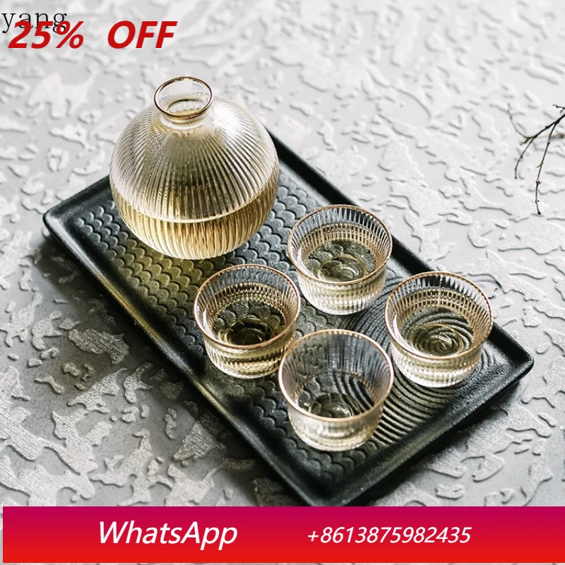 LMM vertical stripe transparent gold edge glass sake set, one pot and four cups.
