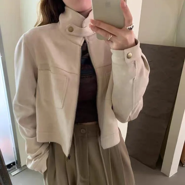 

Корейский женский модный повседневный топ с лацканами и мехом в стиле ретро, свободный крой, воротник-стойка, топ на молнии для женщин