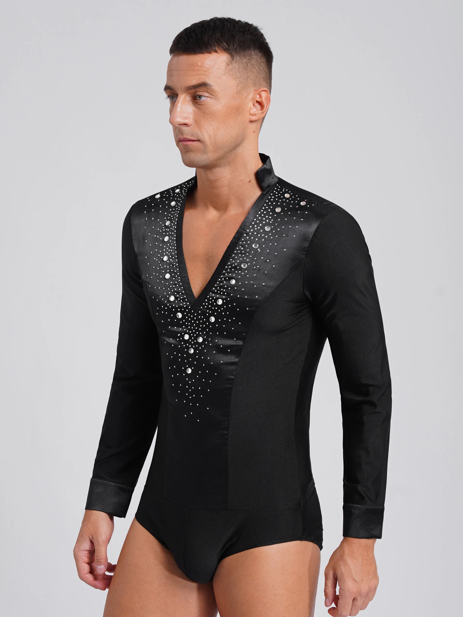 Leotardo de baile latino con diamantes de imitación brillantes para hombre, Body de retales de satén de manga larga con cuello en V para patinaje artístico, actuación en escenario