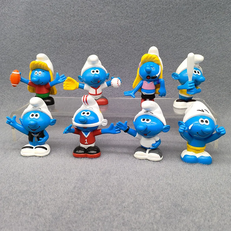 8pcs/set Cartoon Smurfs Doll Model Baseball Sports Style Decorative Ornaments Anime Peripheral Figures Children’s Toys Gifts