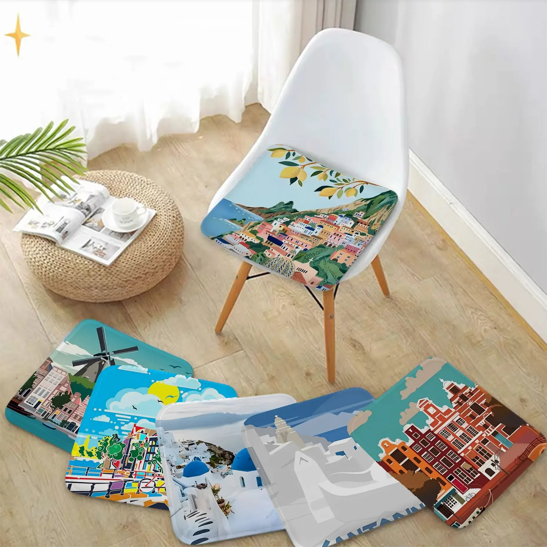 

Santorini Positano Amsterdam Creative Fabric Cushion Non-slip Living Room Sofa Decor Students Stool Tatami Office Sofa Cushion