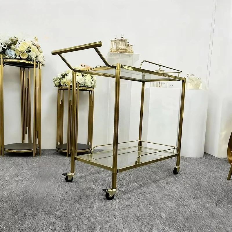 Modern Hotel 2-Tier 4-Wheel Durable Multi-Functional Stainless Steel Frame Tempered Glass Dining Food Serving Trolley