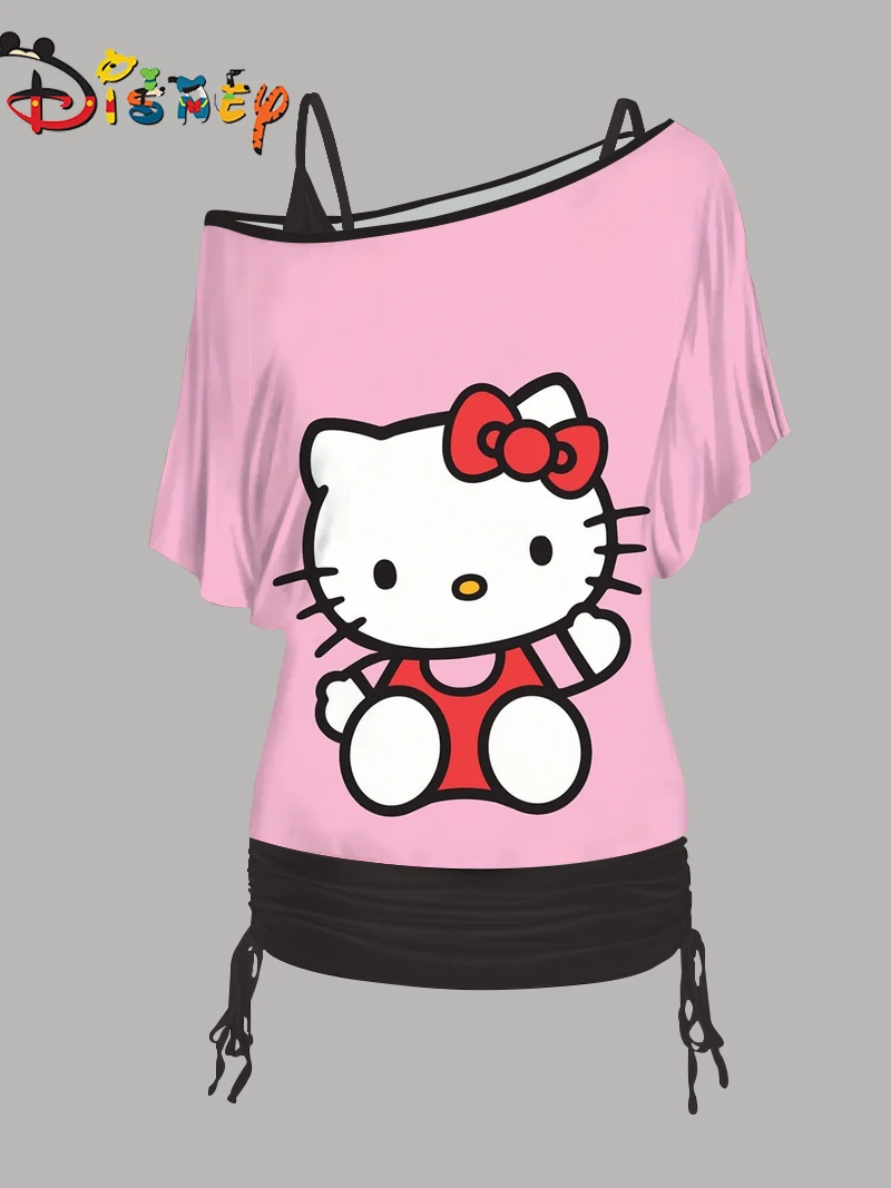 Tops Mini Skirt Fashion Summer Dresses 2024 Disney Hello Kitty Two Piece Set Sexy Elegant Women's Sets Dress T-shirt Pieces Set