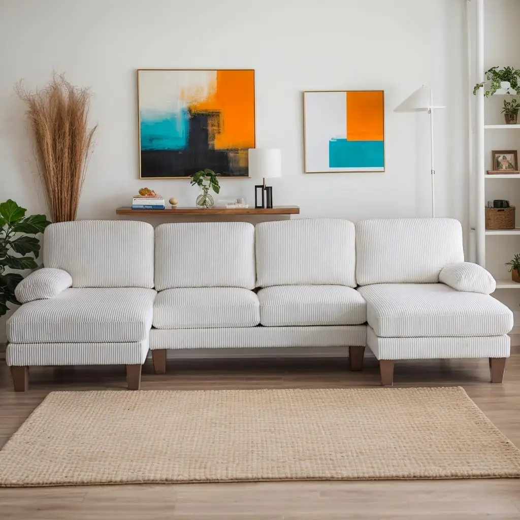 أريكة مقسمة على شكل حرف U مقاس 111 بوصة أريكة حديثة ذات 4 مقاعد مع كراسي أريكة منجدة من قماش سروال قصير بأرجل خشبية محببة #6