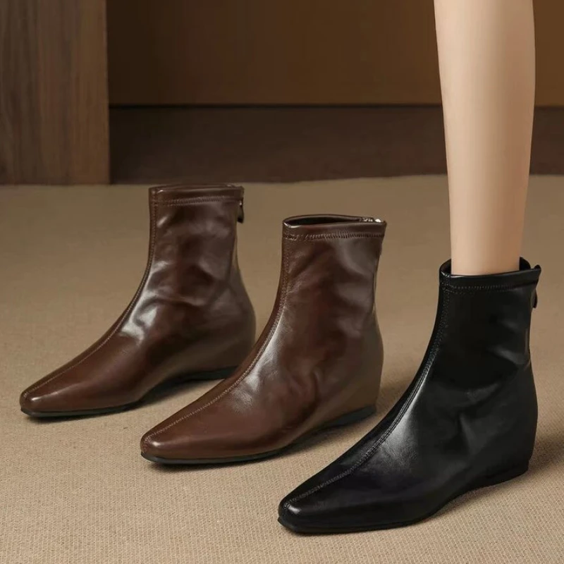 

New Women's Fashion PU Casual Ankle Boots 2025 Brand Zipper Designer High-Quality Comfort Wedge Chelsea Boots Zapatos Mujer