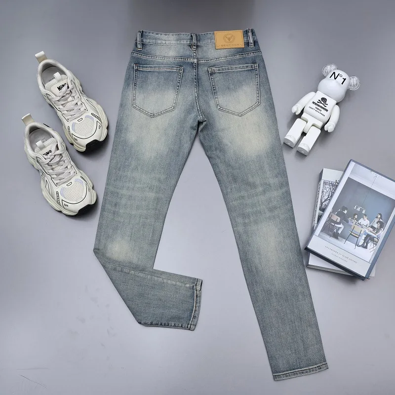 Jeans com estampa rasgada masculina, justa, calça stretch reta pequena, design de lazer, high-end, moda de rua