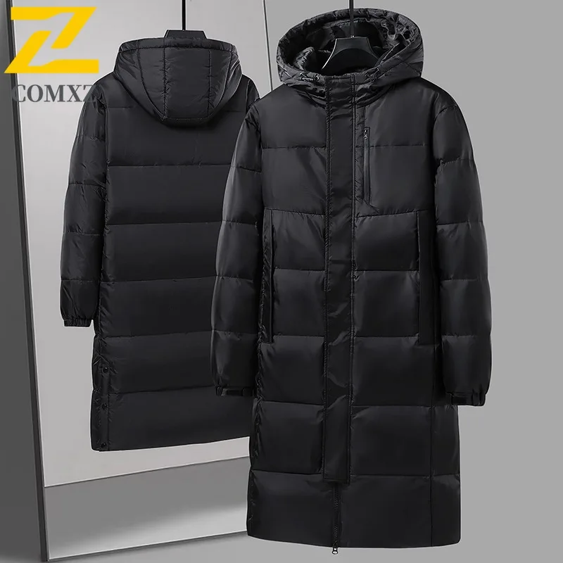 

COMXZ Classic Hooded Mens Down Jacket Commute Office Thickened Warm Parka Premium Knee Length Cold Resistant Winter Down Coat