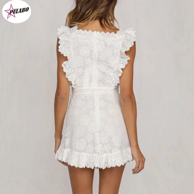 Elegante bordado rendas vestido feminino oco para fora faixas babados branco vestido de verão magro sexy festa senhora vestido feminino