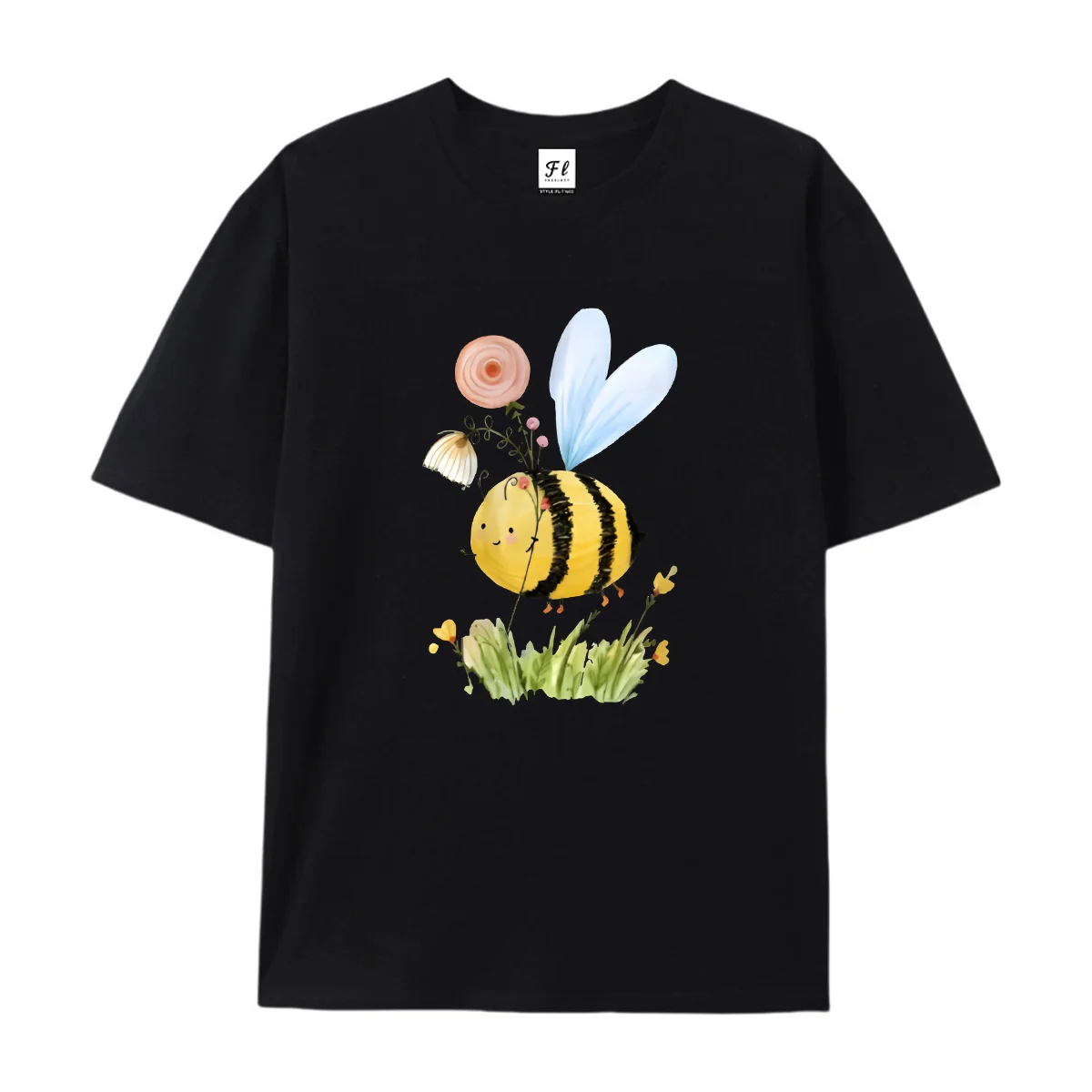 Women Bee Graphic T Shirt Casual Short Sleeve Tees Watercolor Wildflower Insect Print Botanical Vintage Tops Gifts For Ladies