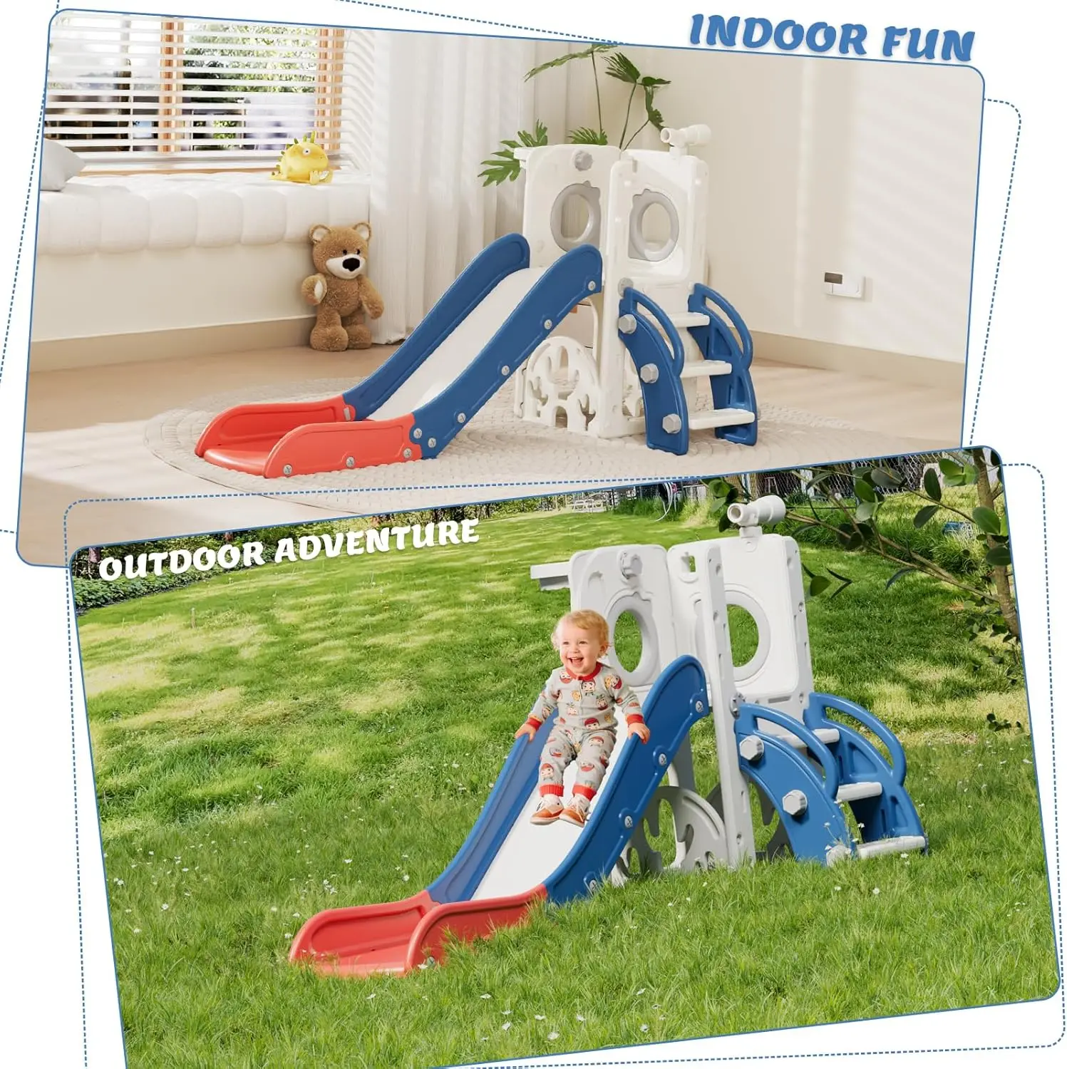 Scivolo per bambini 7 in 1, scivolo per bambini per bambini di 1-3 anni, interno ed esterno con canestro da basket e set da golf, plastica Sl