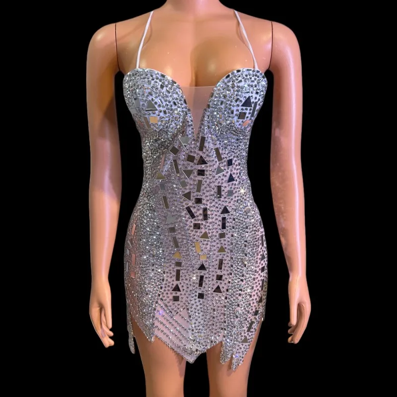 Silver Mirror Rhinestones Tight Short Dress Sexy Women Singer Bar Nightclub Stage Wear Club Party Birthday Cocktail Show Costume