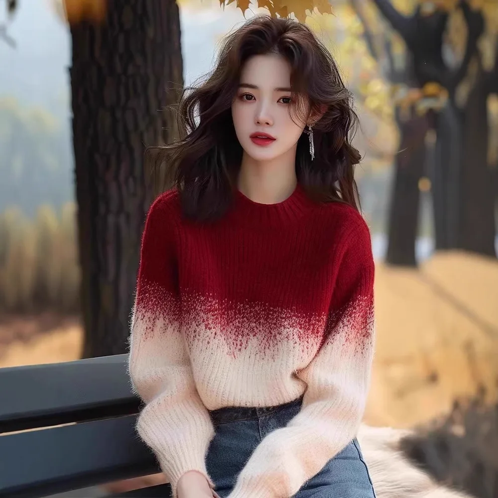 BOWEYLUN Ankora красный абрикосовый градиентный свитер с круглым вырезом женский зимний повседневный вязаный свитер пуловер топ женский