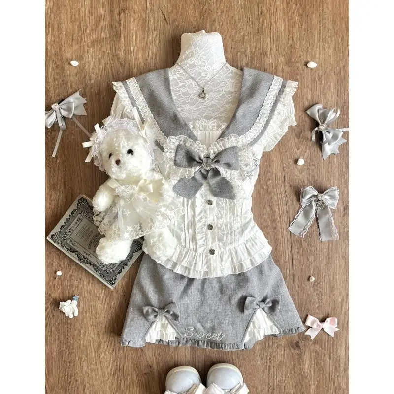 

Japanese Kawaii Lolita Style Skirt Set Women Preppy Style Bow Sailor Collar Puff Sleeve Shirt Top Cute Mini Skirt Y2k Sweet Suit