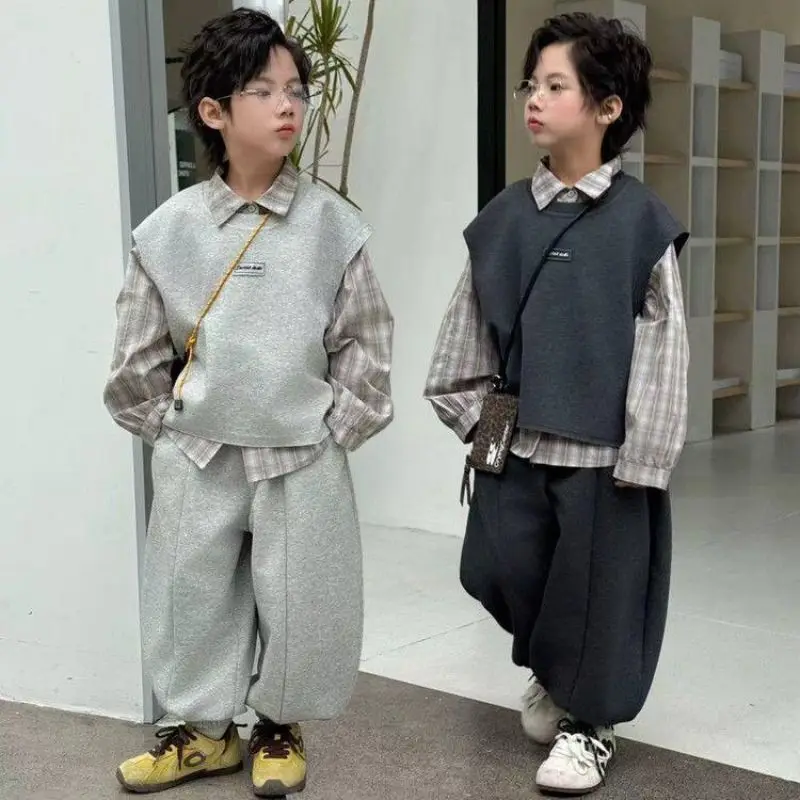 Fashion Toddle Boys Clothes Autumn Spring Vest+Shirt+Loose Pants 3Pcs Korean Version Kids Coat Casual Fashion Handsome Clothes