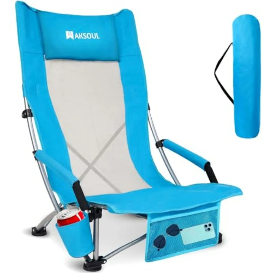 

Folding Beach Chair for Adults: Low/High Back, Polyester, Blue, Extra Wide Seat with Comfortable Pillow Storage Pocket