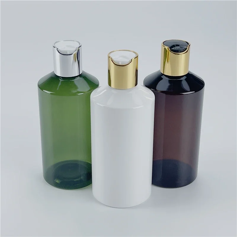 

300ML X 20 White Green Brown Empty Plastic Oblique Shoulder Bottles With Disc Top Lid Lotion Shampoo PET Cosmetic Containers