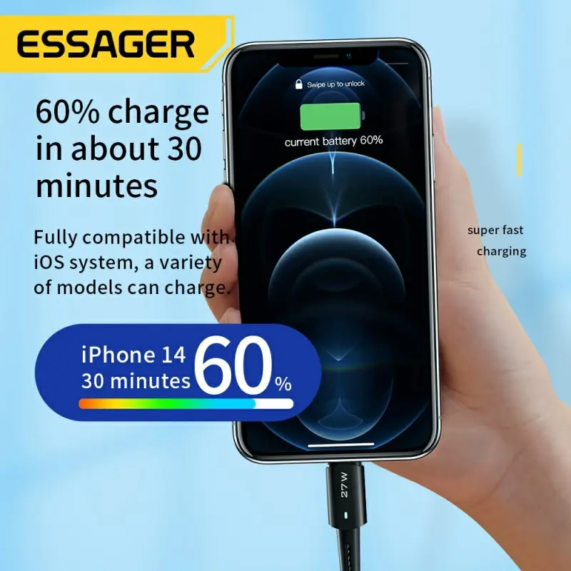 Fotografia 6: Essager Tipo C Cabo de Carregamento Rápido, Iluminação Data Wire, iPhone 11, 12, 13 Pro Max, XS, iPad, Macbook, 20W