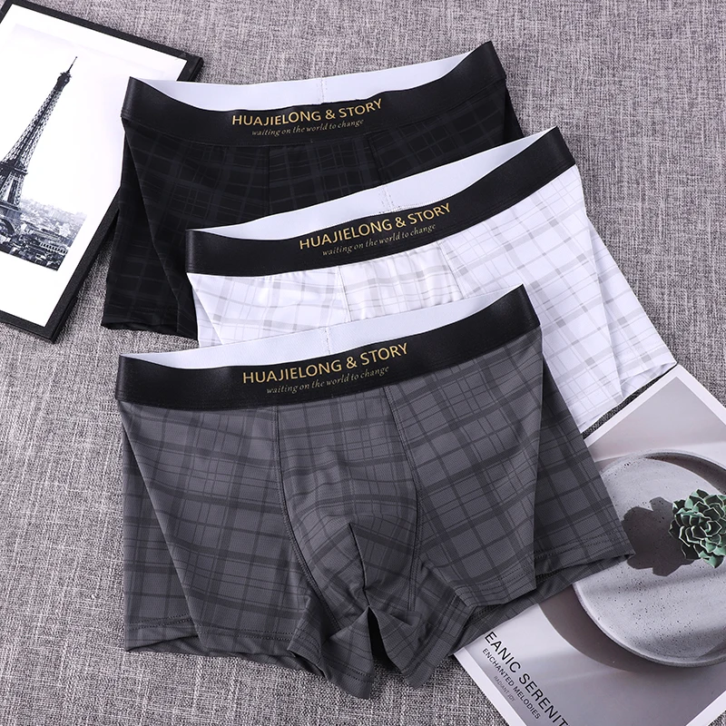 

Набор из 3 мужских трусов-боксеров премиум-класса из ледяного шелка в клетку, мягкое дышащее охлаждающее нижнее белье, удобные эластичные повседневные боксеры для мужчин