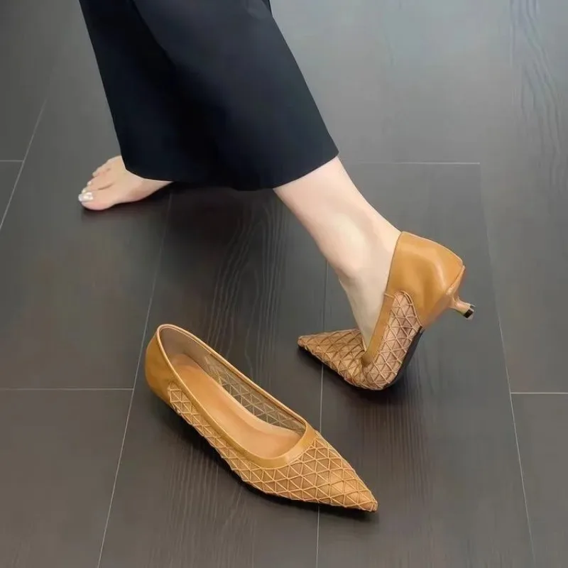 2026Breathable Mesh Thin Heel Single Shoes Fashion Pointed Toe Shallow Mouth Slip-on Non-Tired Feet Low Top Shoes