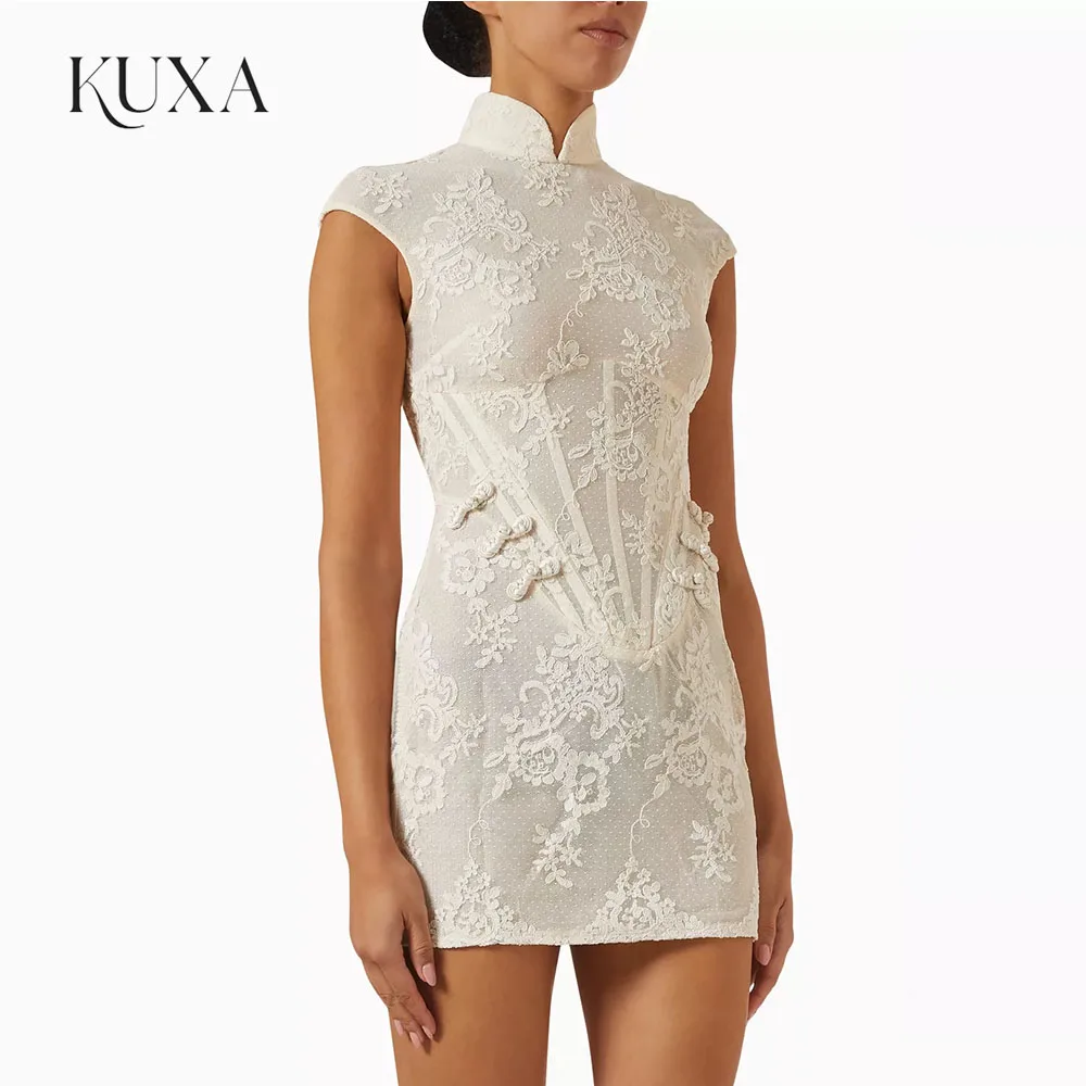 KUXA Customized Mini Wedding Dress Mandarin Collar Cap Sleeves Frog Buttons Corset Detail Bridal Gown For Elopement