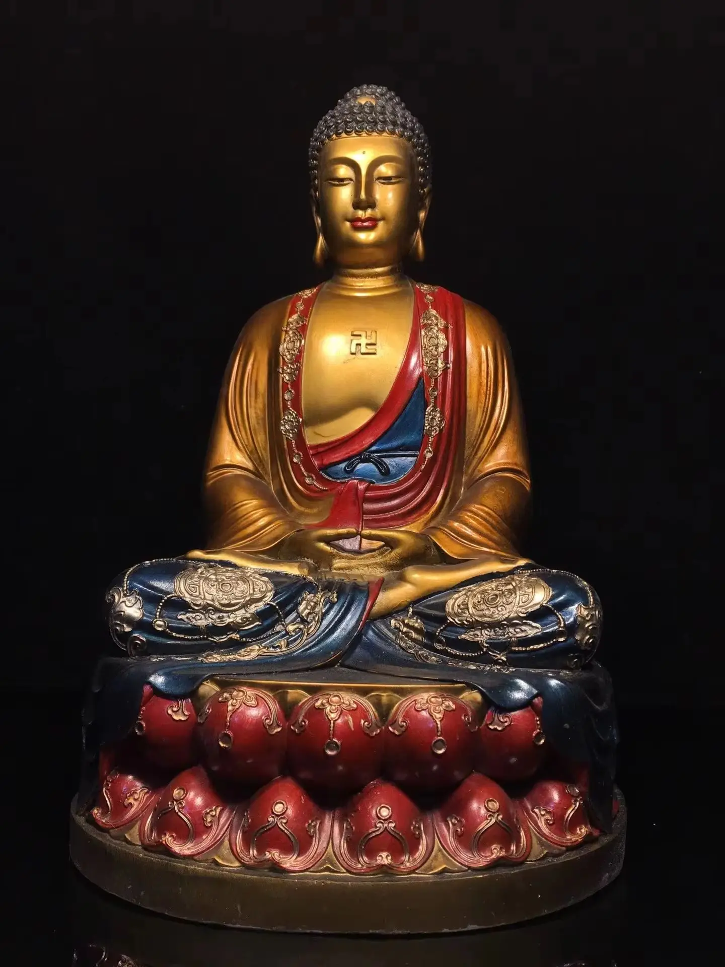 

16-дюймовая непальская старинная бронзовая фигурка Будды Амитабхи Шакьямуни с лотосом, расписная, сидящего на платформе, для храмов и домов