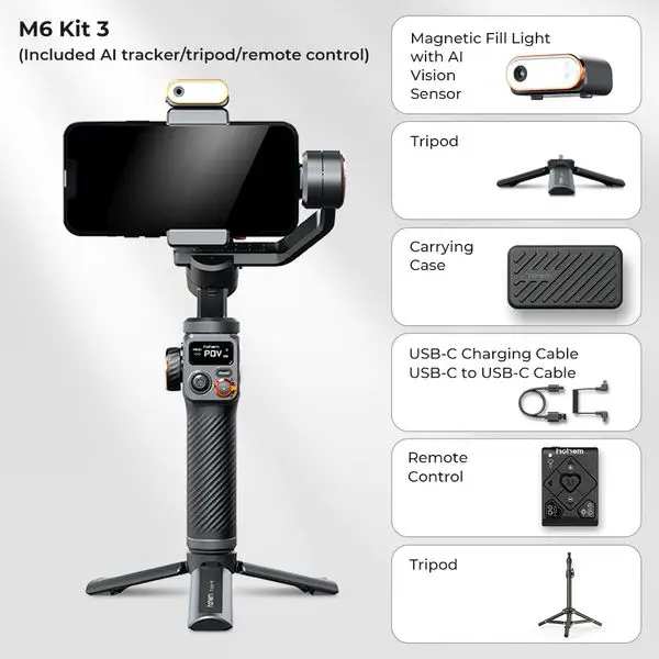 Hohem-iSteady M6 Kit Gimbal for Smartphone, 3-Axis Gimbal, AI