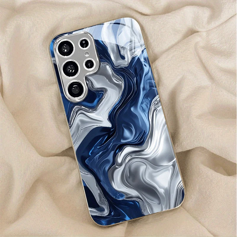 High-end blue and white electroplated silver Phone Case for Samsung Galaxy S26 S25 S24 S23 S22 S20 FE/Ultra/Plus anti drop Cover