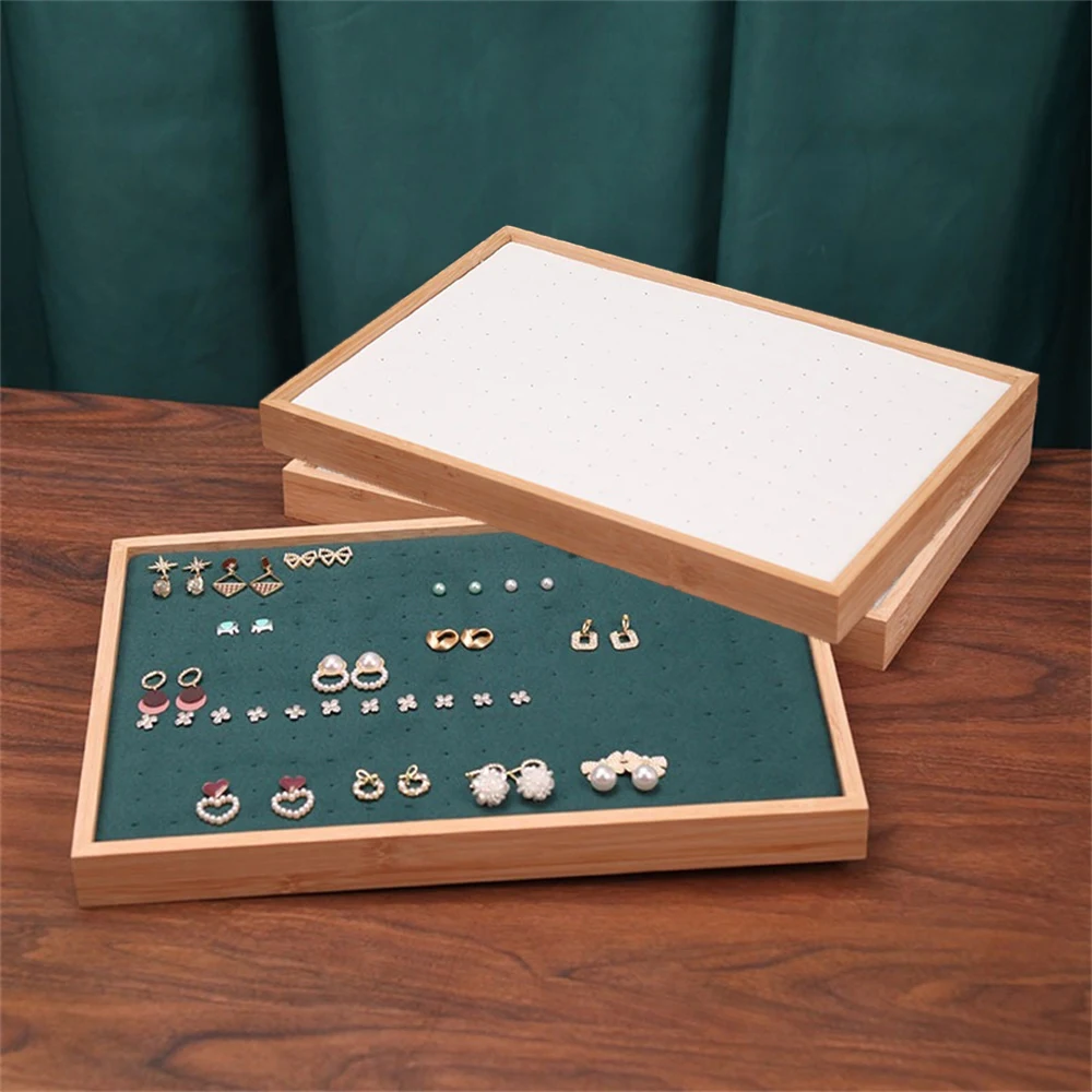 Velvet/PU Bamboo Wood 216 Holes Earrings Display Tray Large Capacity Stud Earring Storage Trays Jewelry Organizer Showcase Props