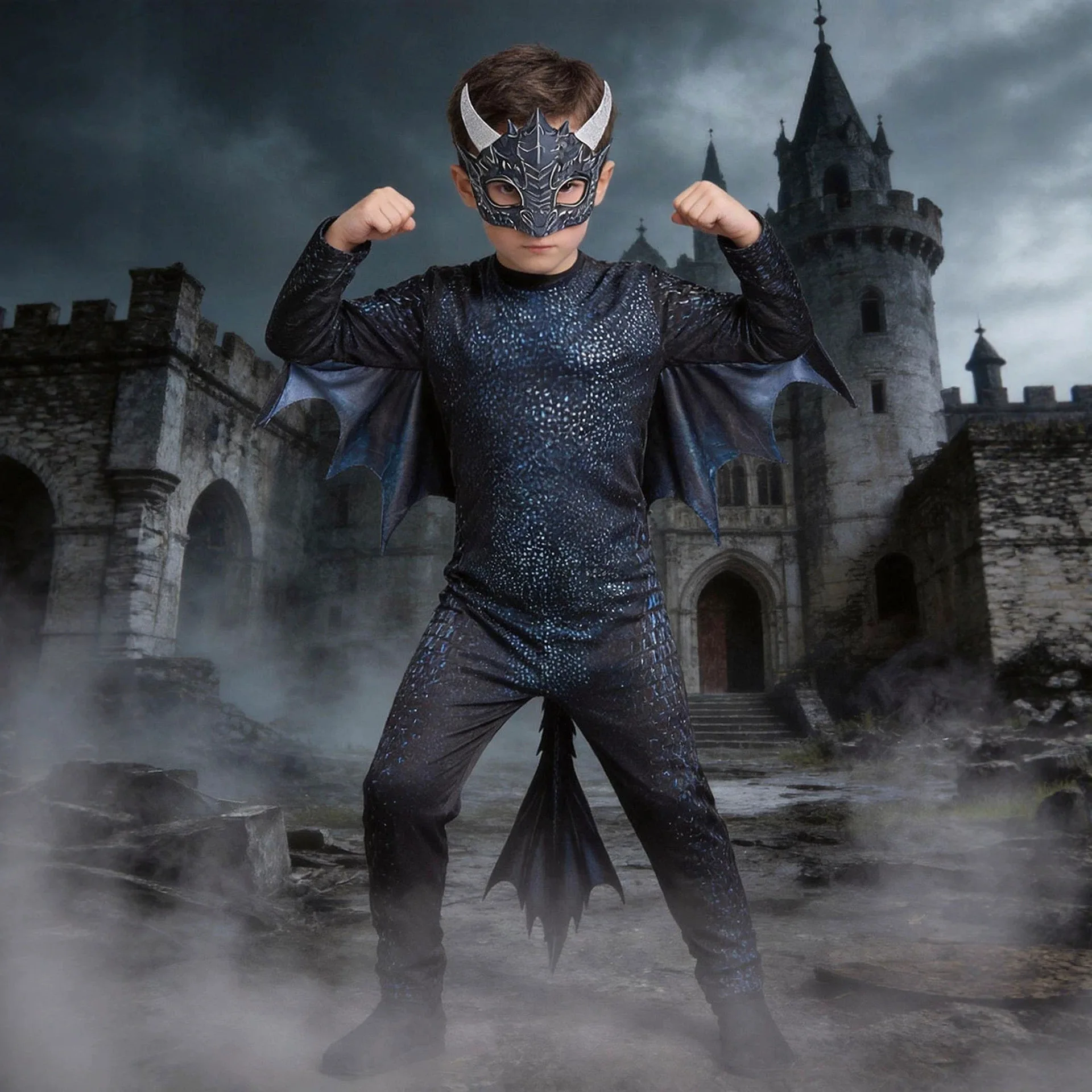 Children Black Dragon Knight Halloween Cosplay Costume Dinosaur Role Play Stage Performance Set
