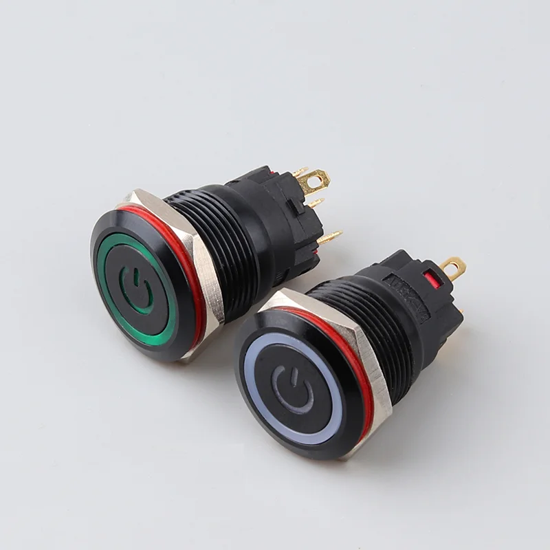 16 / 19 / 22mm 5A LED Black Metal Push Button Switch Light Waterproof Button Automatic Reset Self-locking Power Symbol Button