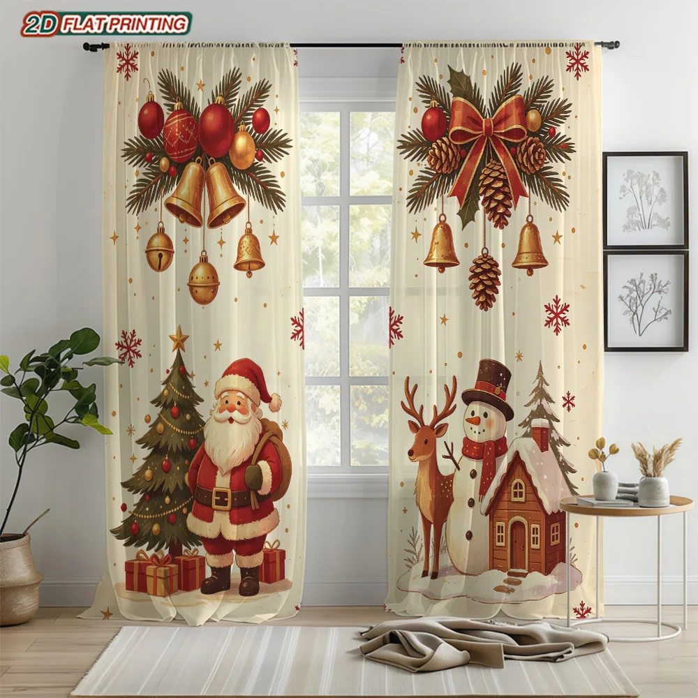 2PCS Christmas Sheer Curtains, Gold Bell Snowman Reindeer, Digital Print, Rod Pocket Polyester, Bedroom Living Room Dining
