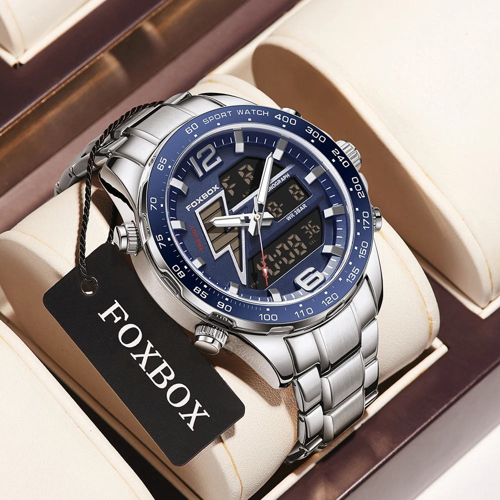 

Новые мужские часы FOXBOX с двойным дисплеем, 30 м, водонепроницаемые часы с датой, наручные часы, модные спортивные часы для мужчин, электронные часы, мужской + коробка
