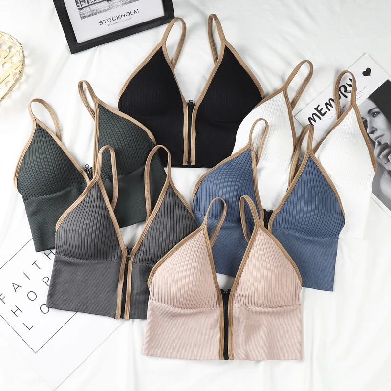 Sujetadores sin costuras para mujer, ropa interior Sexy acolchada, Bralette sin espalda en U, Top para dormir, Camis de algodón, sujetador sin aros con cremallera para Fitness, lencería