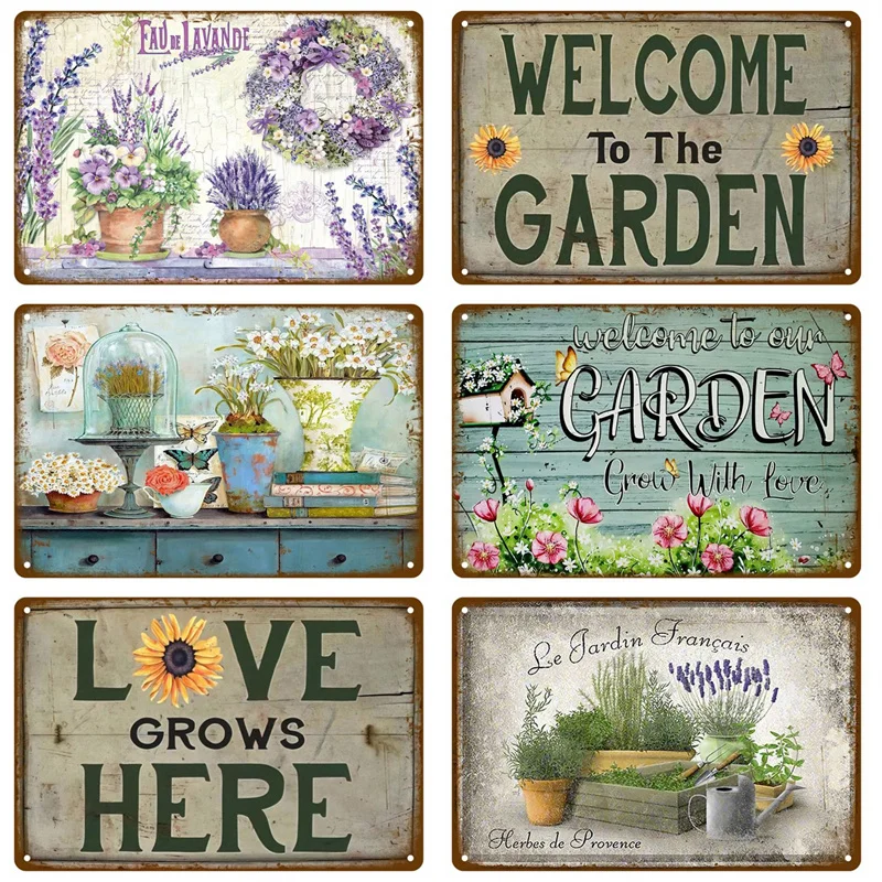 Letrero de estaño Vintage con flores y pájaros, placa de Metal para coche, cartel de bienvenida, decoración de pared para