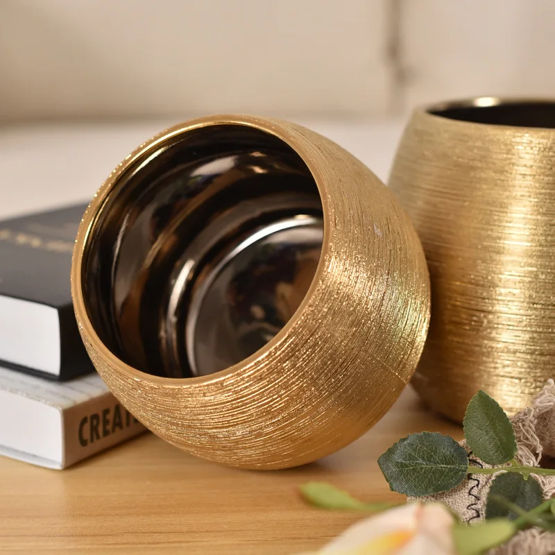 Gold-Plated Ceramic Flower Pot Round Vase Succulent Brushed Fleshy F