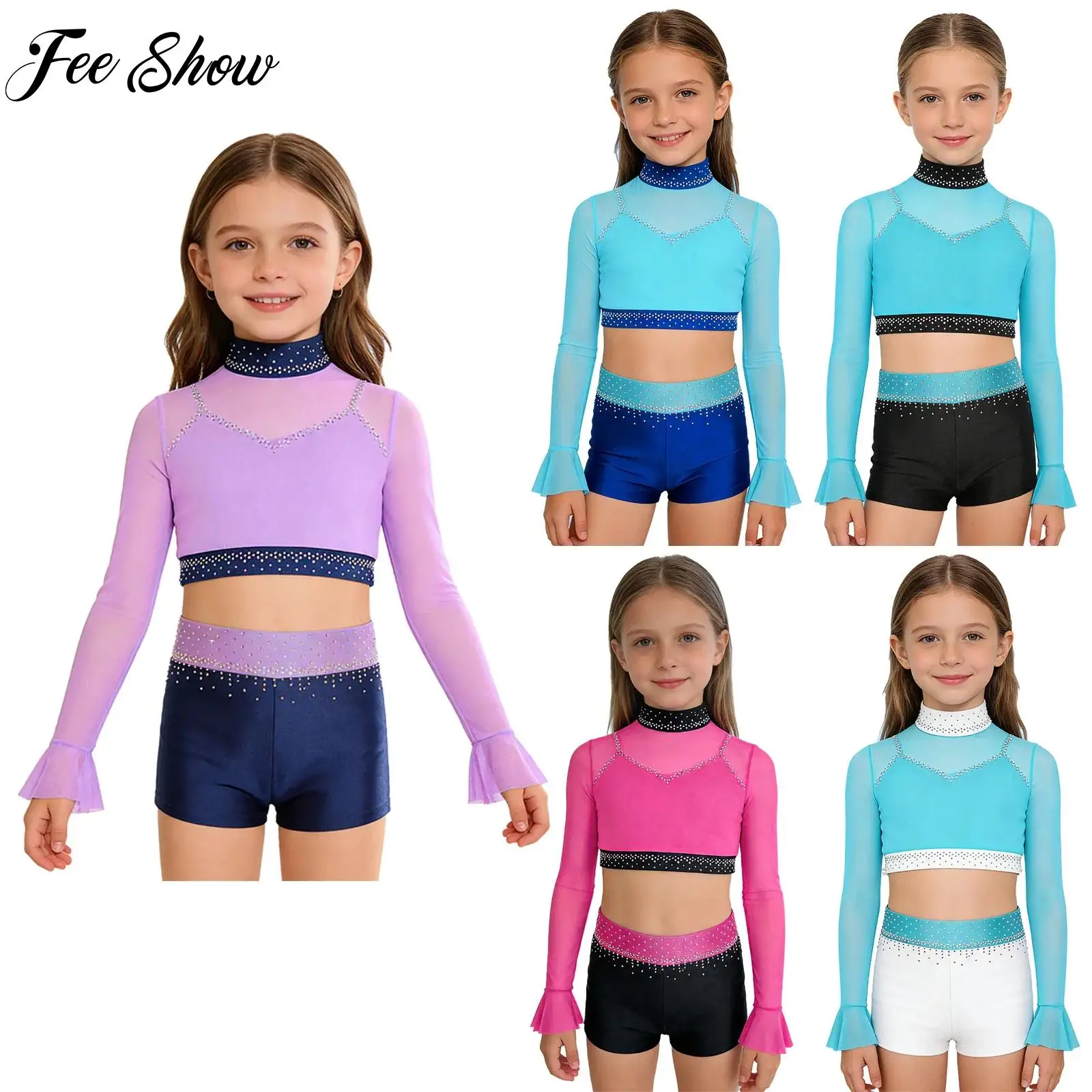 

Kids Girl Acrobatic Figure Ice Skating Outfit Rhinestones Mesh Crop Top+Shorts 2-piece Set Teens Gymnastics Ballet Dance Costume