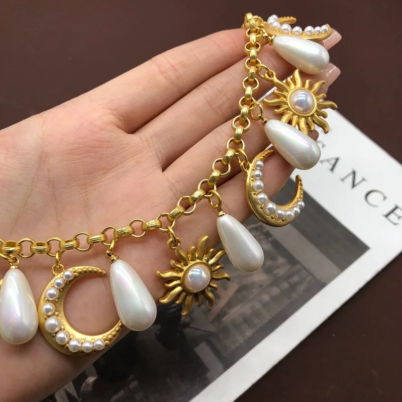 French Vintage Gold-colour Sun Moon Pendant Necklace, Earstuds, Earclips