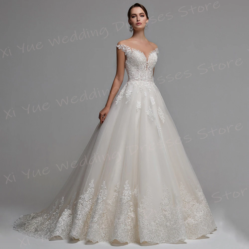 Boho Exquisite A Line Women's Wedding Dresses Charming Lace Appliques Bride Gowns New Modern Cap Sleeve Button Vestido De Noivas