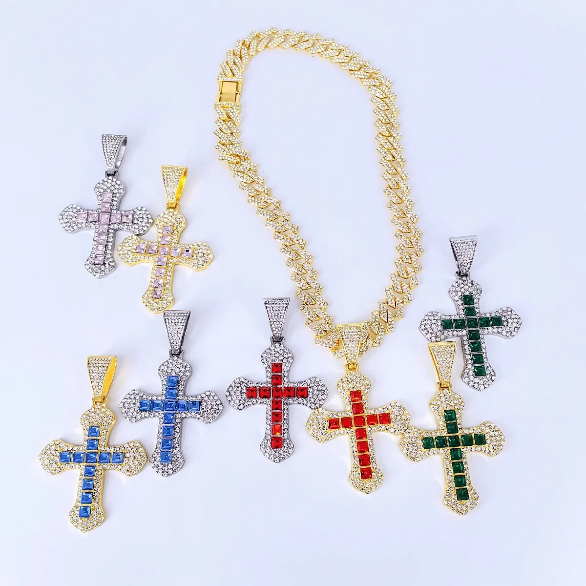 

North America New 15mm Rhombus Cross Pendant Male and Female Alloy Necklace, Premium Hip Hop Style Cuban Chain