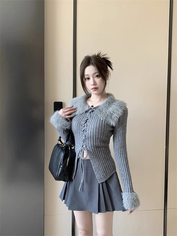 KUSAHIKI Gray Fur Turn-down Collar Drawstring Lace Up Knitwear Tops Women Autumn New Slim Sweater Korean Bottoming Tops