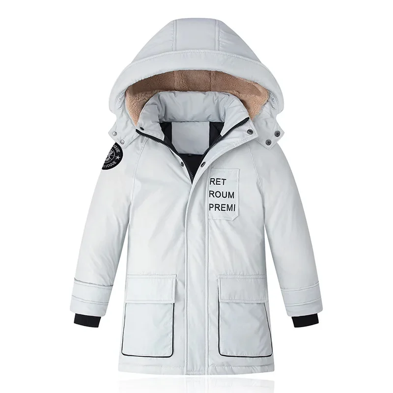 Kids Long Boys Loose Thick White Duck Down Black,Blue,Yellow Baby Coat, Teenagers Hooded Padded Jacket Clothes Winter