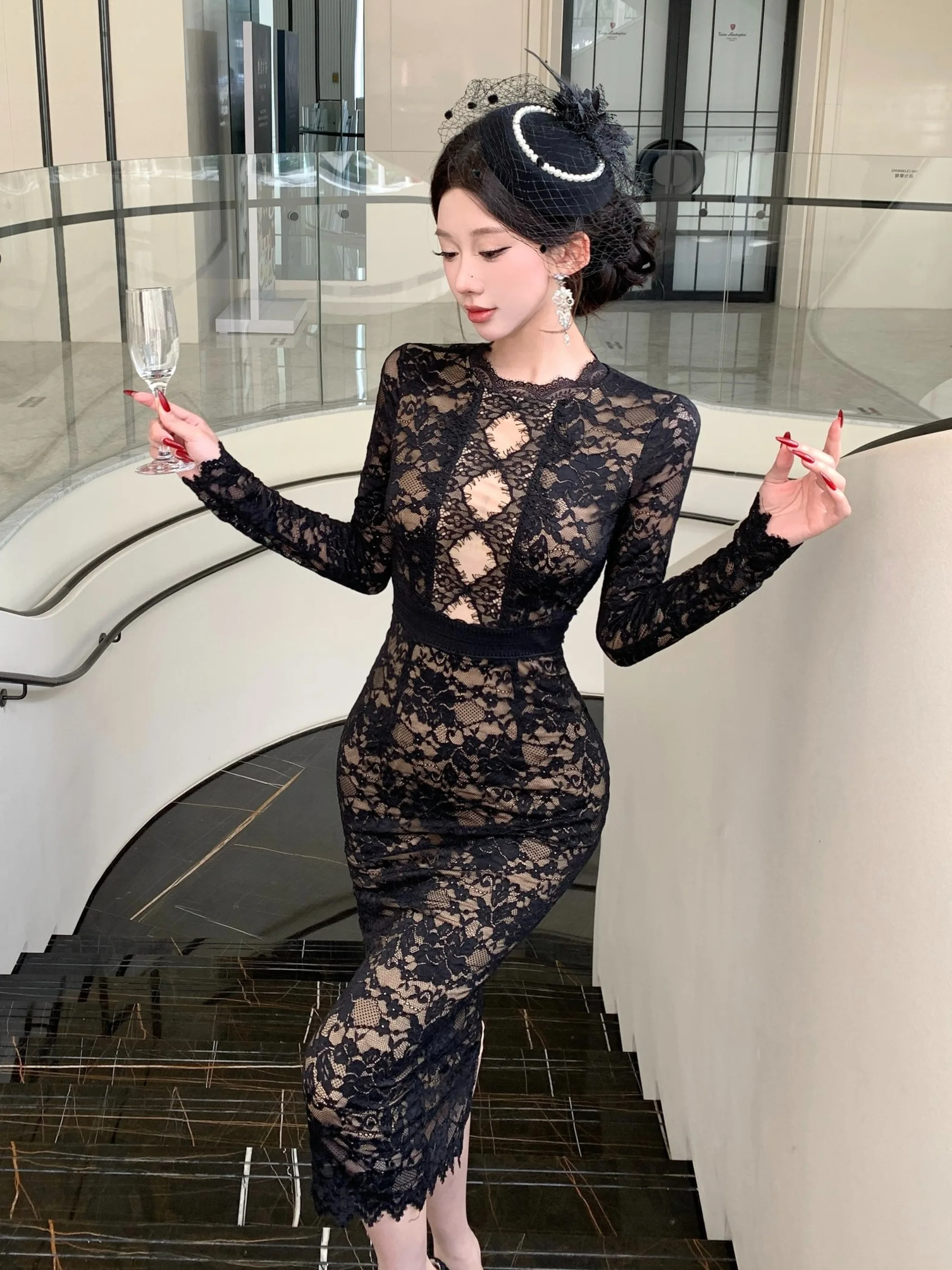 

Sexy Lace Hollow Long Sve Dr Women's Autumn Winter Slimming Waist High Waist Bla Dr Bodycon Skirt Zipper Closure