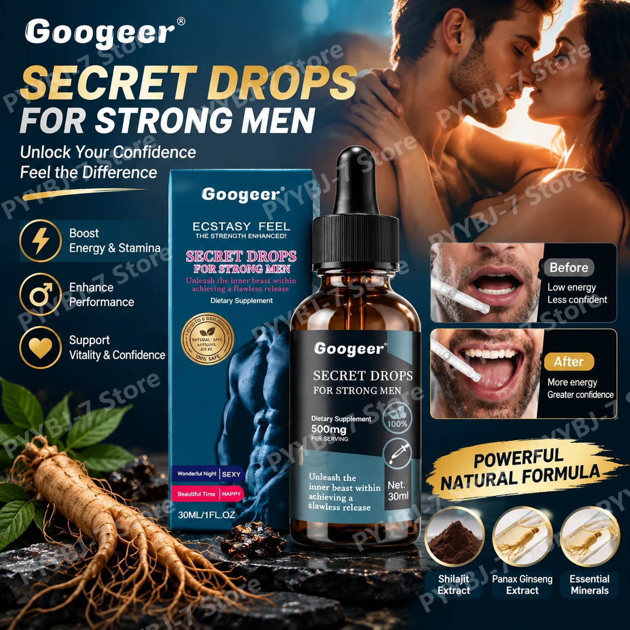 Men’s Vitality Liquid Drops Shilajit Panax Ginseng Extract 30ml Herbal Supplement 30ml (1 FL OZ) for Adult Men Wellness