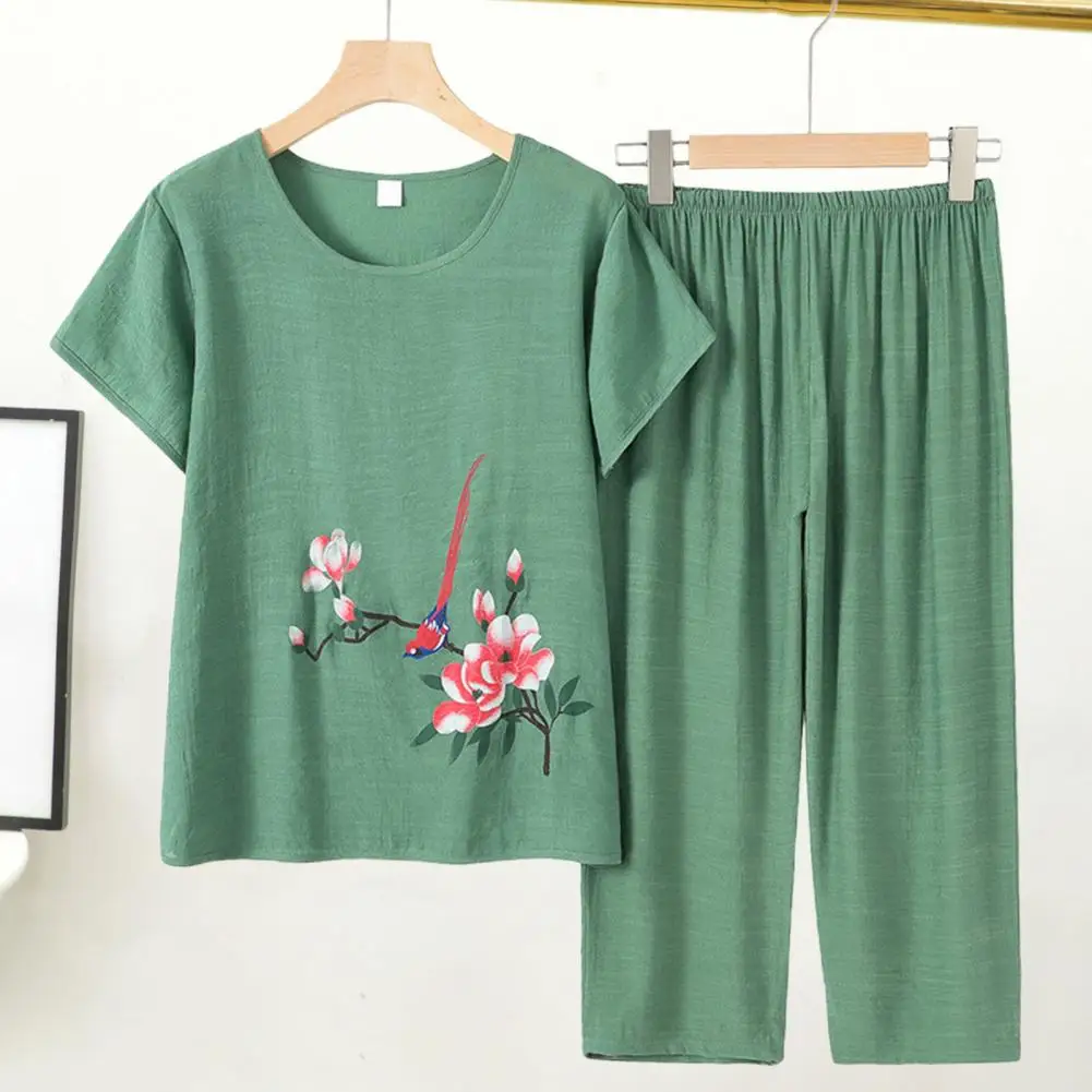 Flower Print Women Pajamas Set Summer Suit O-Neck Short Sleeve Blouses High Waist Pants Suit Casual Tracksuit Female Outfits