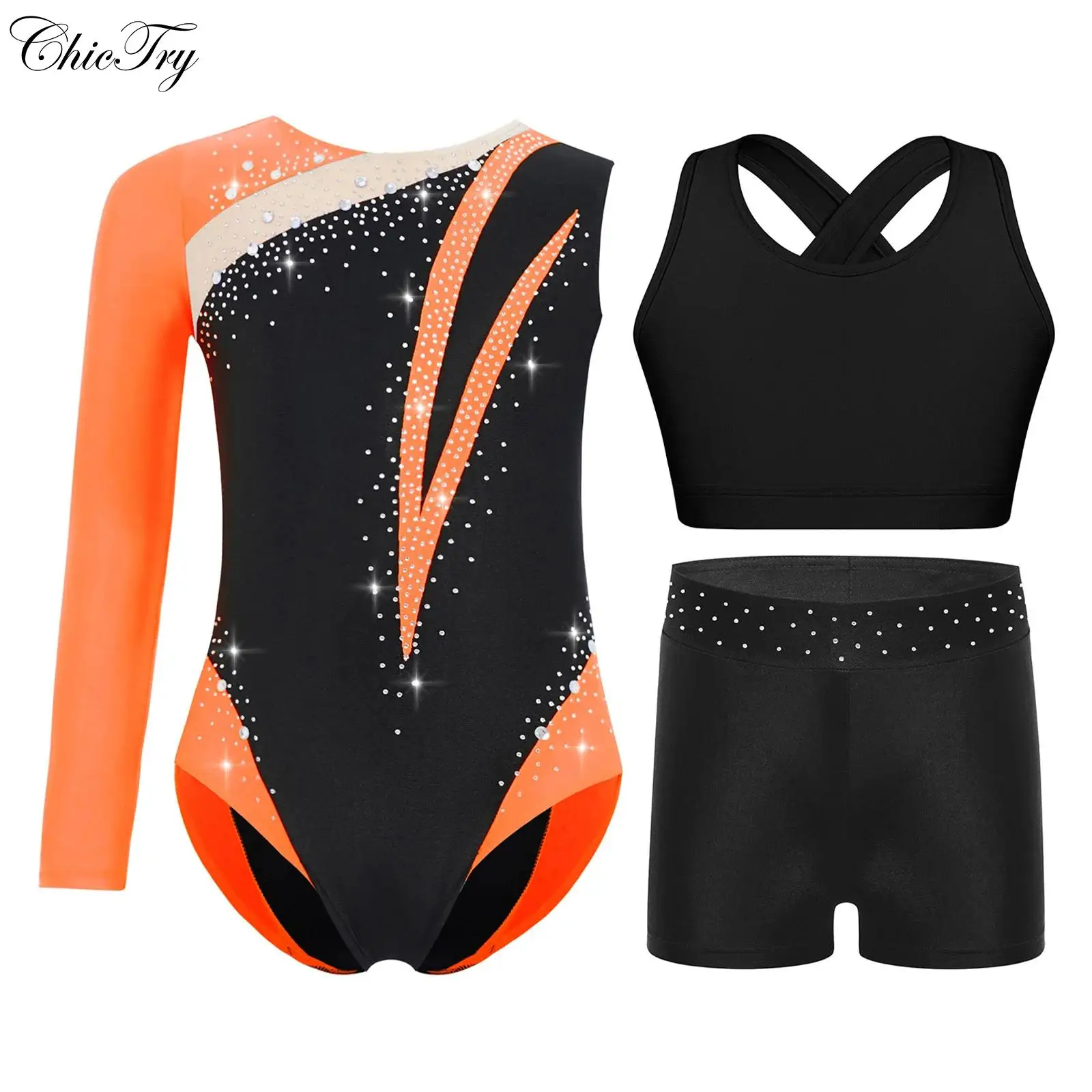 Kids Girls Gymnastics Dance Sets Figure Skating Outfit Rhinestones Asymmetrical Leotard with Cross Back Keyhole Vest and Shorts