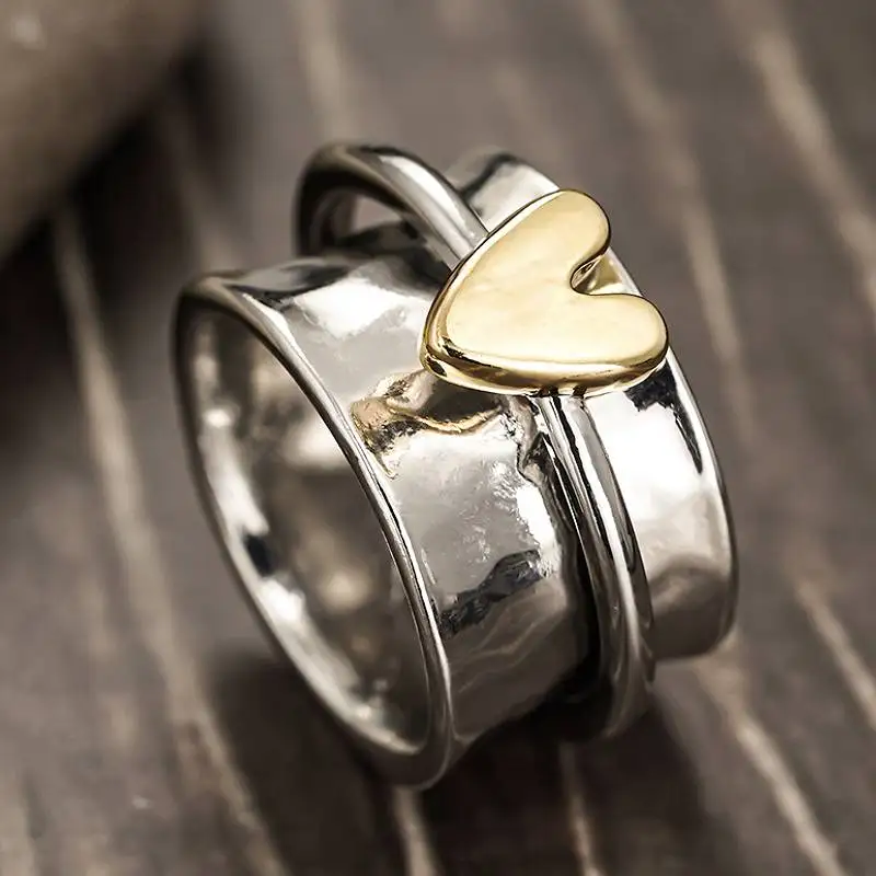 Huitan Herzförmiger zweifarbiger Damenring, besonderes Design, Verlobung, Luxus, Modeaccessoires, Party, Liebe, Metallfinger, Schmuck, Geschenk